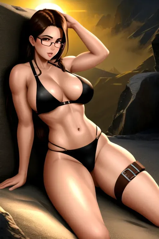 photo,Lara croft, laying ,glasses ,showung breasts, hair,charming face,beautiful lips,brown eyes,curved eyebrows,cosy,8k,erotic, symmetrical eyes, legs spread