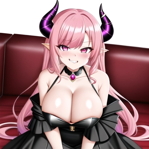 Dragin horns, Dragon girl, black dress, pink hair, multicolored hair, smug face, showing cleavage, pink eyes, living room background, teasing with boobs