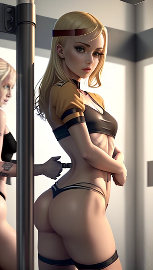Blonde Female inmate in prison cell, prison outfit, gorgeous, beautiful body, big thighs, unbuttoned top, ((((very small flat chest)))), male guard grabbing her tight by the waist, (((groping her ass))), 1 female, 1 male, spectators, humiliation, up, inside prison cell, erotic