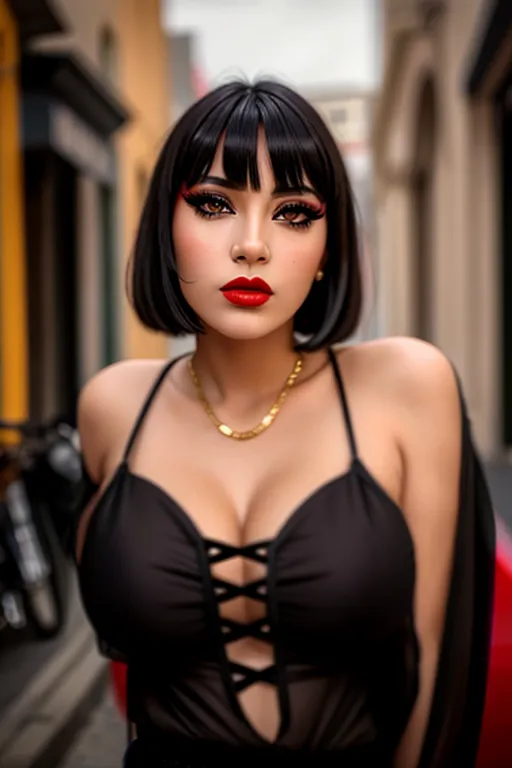 image of a beautiful woman, fake eyelashes, woman looking at camera, parted lips, photo referenced, best quality, ultra high res, (detailed face and eyes), black hair with bangs, heroin-chic eyeliner, brown eyes, red lipstick, very large breasts,