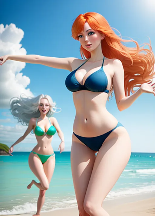 beautiful Adult auburn haired Anna in green and platinum haired Elsa in blue of Arendelle in swimsuits bouncing a beach ball back and forth on the golden sandy beach as their long hair billows in the breeze.