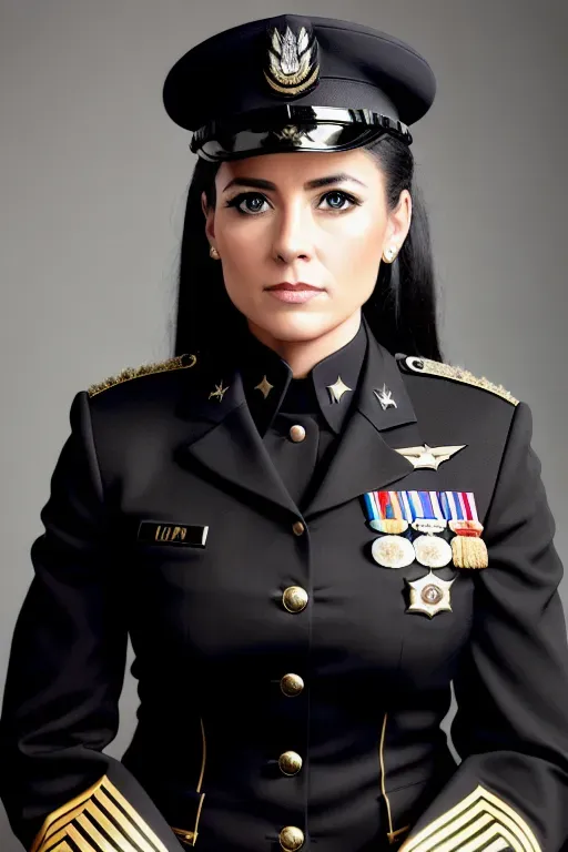 a professional photo of, ((woman)), ((in black military dress uniform)), sitting portrait, hyper realistic, professional lighting, (tiny realistic eyes), no medals
