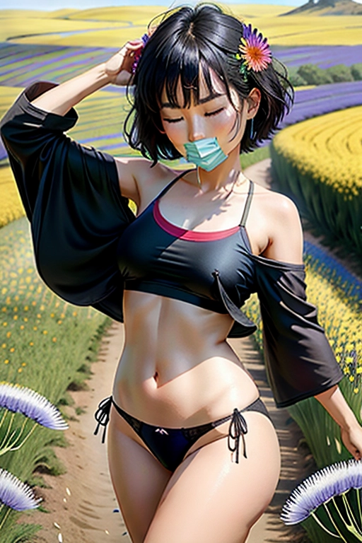 Colour picture of cute and beautiful Chinese maiden, short (black) bobbed hair, dark eyes, beautiful face, in a bikini, walking through a field of wildflowers, ((vivid colours)),She must be having a powerful (((sneezing fit))) ((sneezing)) allergy, hay fever, with nostrils flaring, ((eyes closed)) and ((((mouth wide open)))), ((damp spot on panties)),