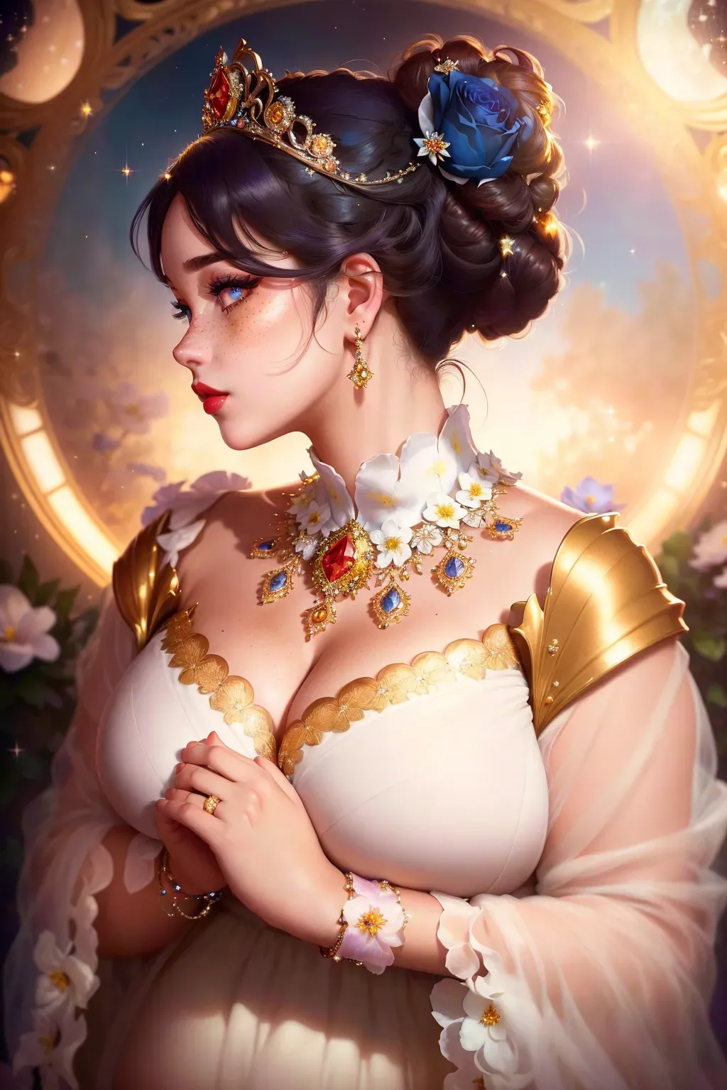 (delightful anatomy:1. 1), (Celestial illumination, Elegant, stunning, dramatic, completed artwork, HQ:1. 1), cute plus sized woman with freckles, high bun, flowers in hair, intricate, detailed face, Detailed Lustrous Skin , by Ilya Kuvshinov and Alphonse Mucha, dreamy, pastel colors, honey, red lips, blue eyes, sad, eyes bruises, diadem, tiara, sparkles, clear eyes, in another dimension, brazilian plus size model Mayara Russi, 8k, UHD, HDR, (Masterpiece:1. 5), (best quality:1. 5) Model: jim EIDOMODE