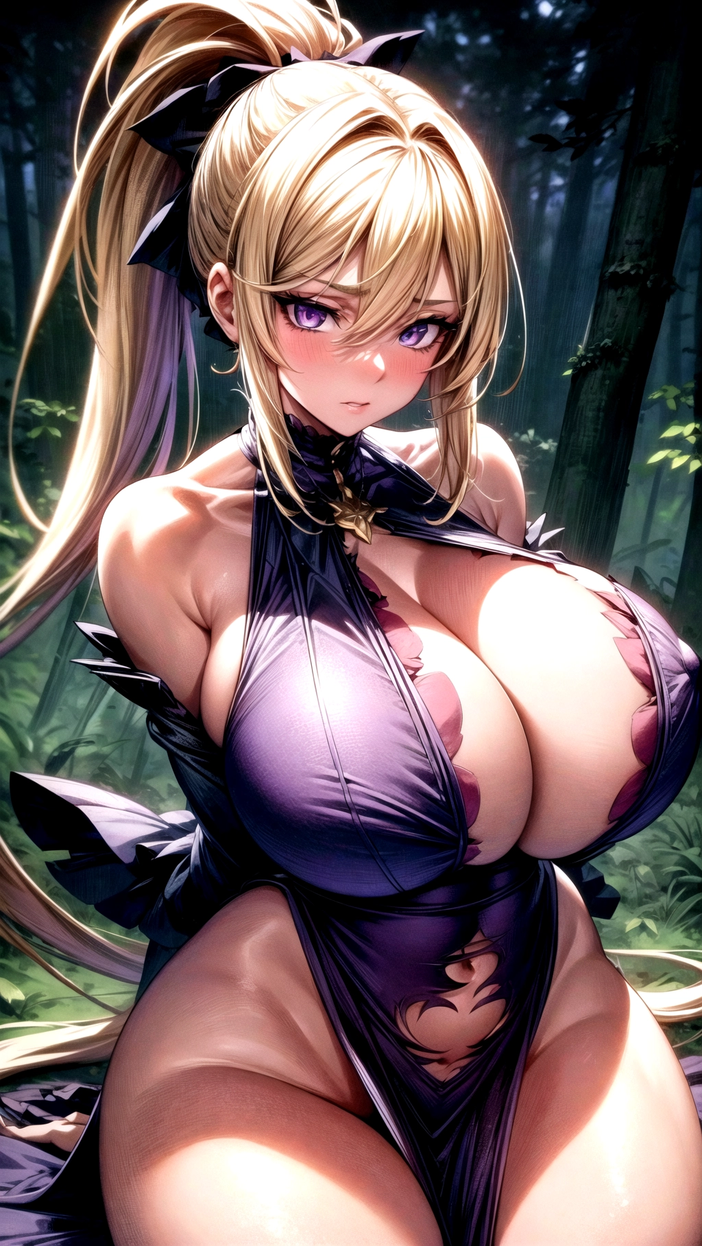 professional, Beautiful, masterpiece, zoomed out, hyper detailed, hyper quality, (64K resolution), (HDR), (UHD), ((forest background)), at night, (1girl), solo, extreme face details, (((whole body image))),
A submissive young Witch wearing a torn up dress, witch hat,((huge boobs)), (long legs), thick thighs, big butt, ((hair in a short ponytail)), bare shoulders, bare neck, slight cleavage, athletic body, 25 years old, looking at viewer, ((blushing)), nipple indents, (((absolutely massive breasts))), ((skinny waist)), (long eyelashes), ((wide hips)), gold blonde hair, ((purple eyes)), ((((detailed eyes)))), <lora:dpmg_add_detail:1.3>,