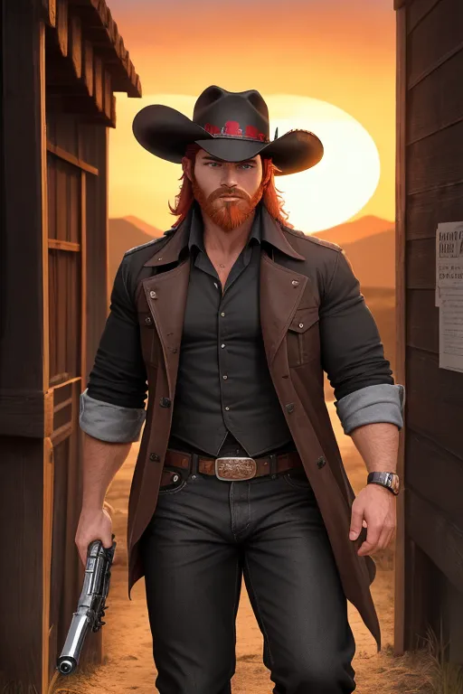 Old west, Badass cowboi, black cowboi hat with red band and a feather, medium red hair, sharp blue eyes, strong facial features, red beard, fit, muscular, wearing a long trench coat, black shirt, holding a chrome 44. Revolver, gun holster on hips, black pants, walking away from the sunset, high definition, 4k quality, excellent lighting, great shading, pristine detail, very clear picture, accurate at lower promp guidence, five fingers per hand.