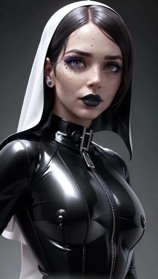 photorealistic, 8k, accurate face, (((detailed face))), (((replicate inspiration face))), freckles, black lipstick, collar, latex nun,