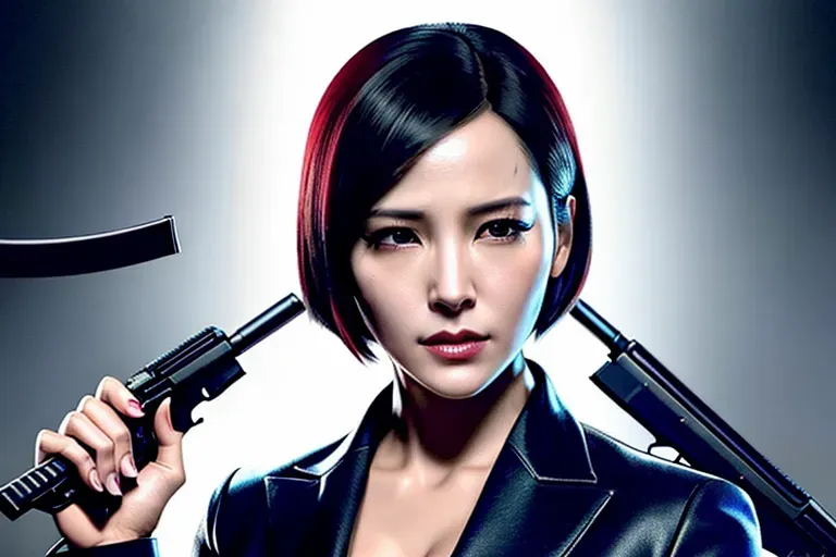 a face of Ada Wong in the poster of John wick where he is surrounded by guns aiming at his face but guns are replaced with big dicks which are aiming at her face as she looks at the camera with spit dripping out of her mouth