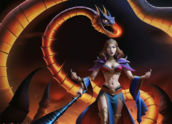 evil Arabic sorcerer Jafar of Agrabah dressed in black and red portrayed by Marwan Kenzari, uses his magic golden cobra staff to transform beautiful Nordic bright fiery auburn haired blue eyed Queen Anna of Arendelle portrayed by Elizabeth Lail into his loyal adoring harem dancer. photorealistic. <lora:dpmg_snake_coiling:1>