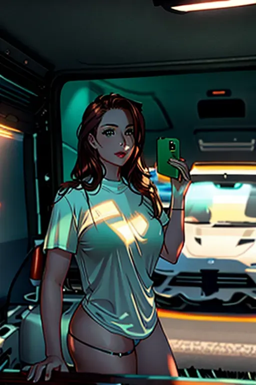 a photo of my girlfriend in my tshirt, big breasts,nipples showing, five fingers per hand,long wavy auburn hair,gorgeous face,beautiful lips,green eyes, big butt, great curves, tiny waist, curved eyebrows,curved eyelid,pale skin,joyful,minimalist tattoos, flirty smile,ski bunny, car poster,cinematic lighting,cgsociety,unreal engine,ultra realistic,studio lighting