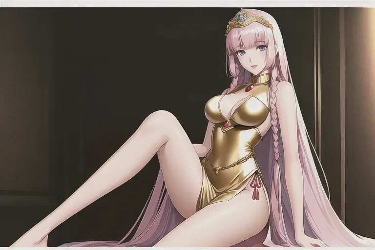 An digital art in old school anime style, young oriental princess in her apartment, wearing sexy long white dress with gold elements, haircut braids wrapped around the head, open hips, slim waist, very long legs, beautiful legs, blue eyes,pink lips, medium breasts, rich,