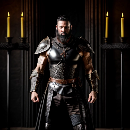 An ultra realistic color photograph of a tall and muscular male warrior standing on a dias in a medieval castle
Model is wearing black leather armor made of black dragon skin
Model has short black hair and a short closely trimmed black beard
Background is a medieval throne room lit by torches
<lora:dpmg_add_detail:1>