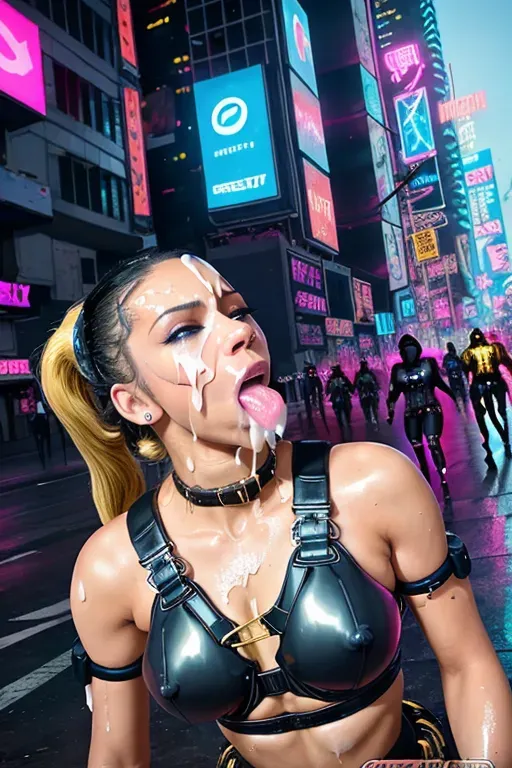 dpmg_face_cum_v1, jenna_ortega, creampie, cum drink, gangbang, (slutty cyberpunk), Cyberpunk golden harness, gold collar, cum in mouth, cum on face, cum on tits, milky, futuristic city street, dpmg_side_deepthroat_v1, futuristic cyberpunk city street, crowded, bystanders, spectators