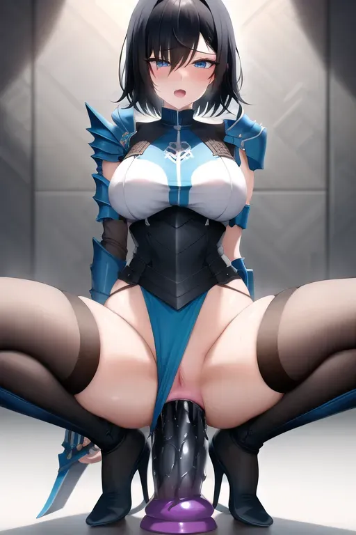 <lora:dpmg_riding_dildo:1>, large dildo, short black hair, blue eyes, open mouth, assassin armor, no panties, drenched in sweat, wood floor, indoors, simple background
