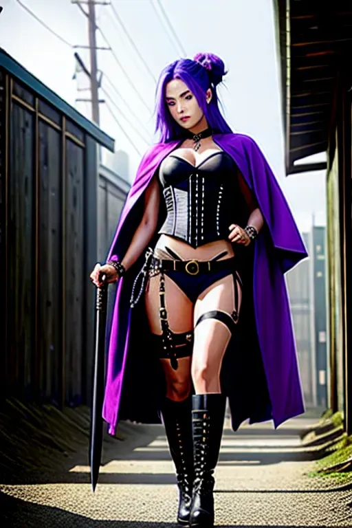 Lira Darkstorm is a cyberpriestess in a medieval cyberpunk fantasy world, She has medium length blue hair with purple highlights, jade green eyes, and medium tan skin with fewer tattoos of various creatures, She wears a more armor like form fitting black and purple leather battle dress consisting of a corset like top and a skirt decorated with skull and bones, bracelets, pantyhose,no panties, (show pussy and breast exposed), nylon stockings, midcalf combat boots, and metal and bone accessories, She dual wields magic infused one handed axes or uses a magic staff, She looks more like actress Rosa Salazar, with a tan Hispanic complexion, She does not cover up her face, has a choker, And necklaces around her neck, and has a more natural and less augmented body that is petite and perfect, ((small exposed breast)), She is in a ((realistic squatting pose with legs spreadopen)), The image shows her whole body, She has dark smoky eyeshadow and matte lipstick, studio lighting, and a cape, She has her hair in a highly detailed messy bun, (She is 5 foot 5 inches tall), In a highly detailed scene, Lira Darkstorm is shown walking towards the viewer in an alleyway in a futuristic postapocalyptic Japan, The scene is professionally well lit, highlighting Liras cyberpriestess outfit and the details of her appearance, The alleyway is dimly lit, with shadows cast by the neon lights in the background, Lira strides confidently towards the viewer, her axes or staff held at the ready, The wind blows her hair back, revealing her jade green eyes and seductive dark smoky eyeshadow, Her medium length blue hair with purple highlights is styled in a messy bun, or braided, and her matte lipstick complements the darker tones of her outfit, Her accessories glint in the light, adding to the overall futuristic feel of the scene, Despite the harsh environment of the postapocalyptic Japan setting, Liras confident and powerful demeanor shines through, making her a formidable presence in the image,redraw face with enhanced detail