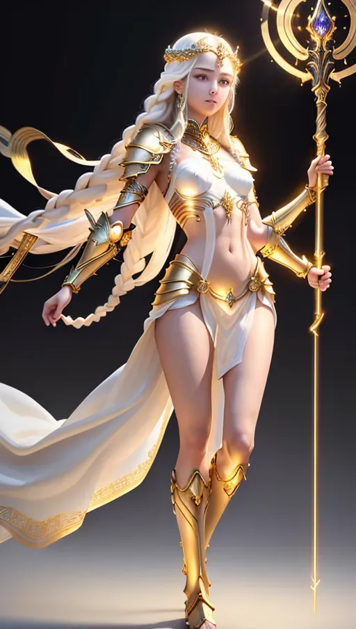 (Masterpiece) 8k resolution, hyper realistic, beautiful face, slim body, small breast, goddess, view of full body, light complexion, sexy,
White long braided hair, gold jewelry, gradient background, perfect lighting, deity, multiple arms, 4arms, holding staff, sexy gold armor