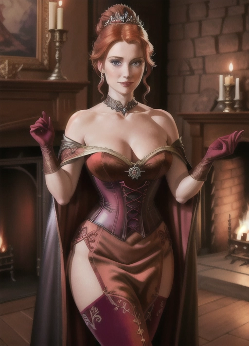 Beautiful Queen Anna of Arendelle, auburn hair tied in a loose bun, with a sinister smile, in red suede open front laced corset thigh-high boots, opera gloves, floor length satin cape with no collar about her shoulders fastened over her heart with a black rose. In front of a grand fireplace one foot up on a stool, holding a goblet of wine. photorealistic.