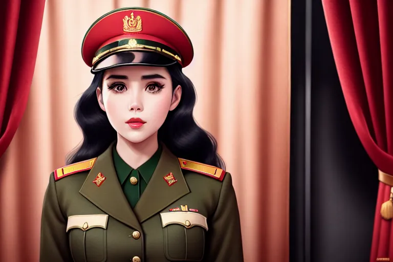 a color pencil draw of,iu,wearing soviet uniform,touching breasts,in the london underground,five fingers per hand,wavy curtain bang,beautiful face,beautiful lips,curved eyebrows,curved eyelid,pale skin,erotic,tattoo,8k,artstation,studio lighting,sharp focus,pixiv