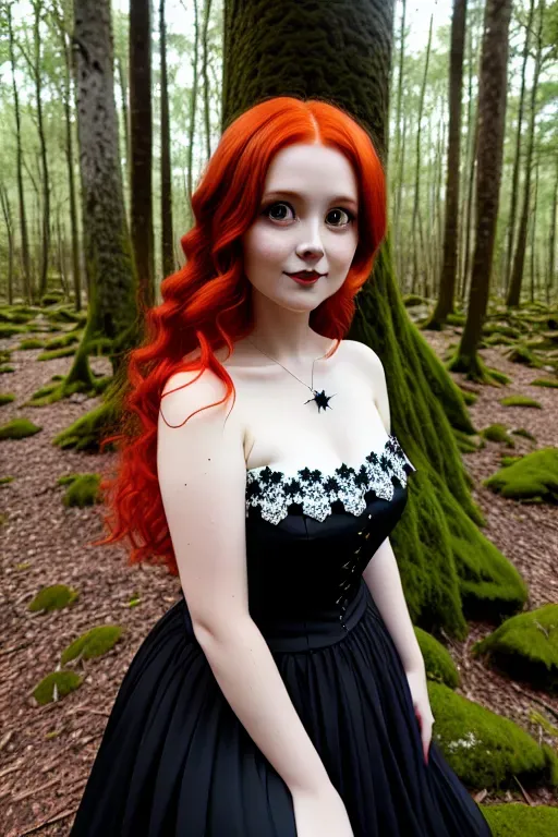 Redhead, witch, round face, in a forest, pretty, 30 years old