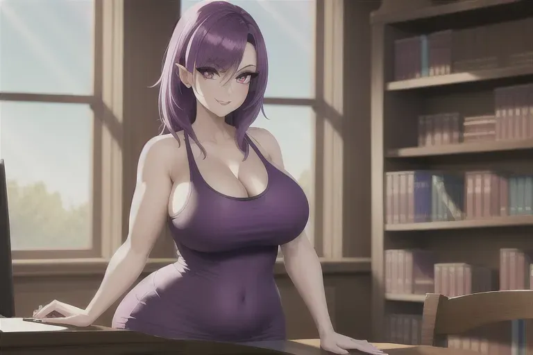 digital painting, 35 year old, a vampire girl, thicc, tank top, purple, library, daytime, sunlight, serious, 8k, professional