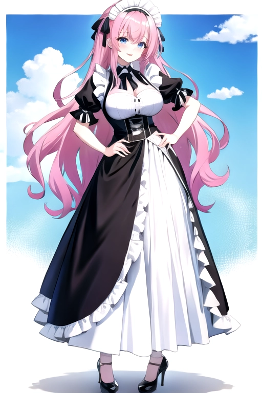 long hair, pale skin, pink hair, blue eyes, black choker, giant H-cup breasts, wavy hair, maid uniform, smiling, full body photo, 28 years old, miniskirt, cleavage, high heels