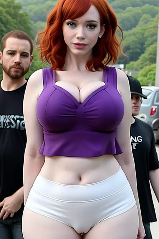 christina hendricks wearing just a crop top, large erect penis between her legs