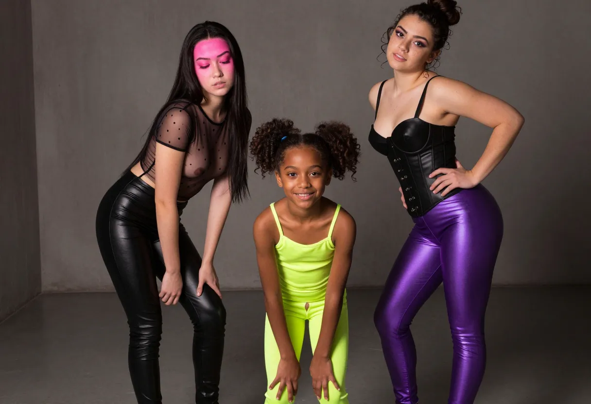 Group of three girls, aged 10, 12, and 14, posed in a dimly lit, empty room. The 10-year-old, a petite African American girl with skinny legs, stands on tiptoe, her small hands gripping her ankles, her tight, stretchy leggings leaving little to the imagination. The fabric, a shimmering neon green, clings to every curve of her tiny behind, the thin elastic band bunching slightly at the top. The leggings are low-rise, sitting just above her hip bones, and her small, hairless slit peeks out slightly at the crotch. She has curly pigtails and an expression of innocent mischief, her eyes sparkling with giggles suppressed.Behind her, the 12-year-old, a tall, gangly Asian girl with a smattering of freckles across her nose, bends over at the waist, her hands gripping her ankles. She wears a tight, see-throughύπnTwitter-patterned top that barely covers her chest, her puffy nipples visible through the fabric. Her leggings, a dark, glossy black, hug her plump, starting-to-fill-out ass, the hem ending just below her buttocks. She has long, stick-straight black hair that falls to her waist, and her face is flushed a deep pink, her almond-shaped eyes downcast.The 14-year-old, a curvy Latina with a sprinkle of freckles across her nose, stands to the side, one hand on her plump hip, her head cocked to the side. She wears a tight, low-cut leather corset that emphasizes her B-cup breasts and cinches in her small waist. Her leggings are a bright, shimmery purple, hugging her full hips and thighs, and stretching tight across her ample ass. She has a messy bun, a few loose curls framing her face, and her dark eyes meet the camera head-on, a confident, almost defiant smile playing at the corners of her mouth.