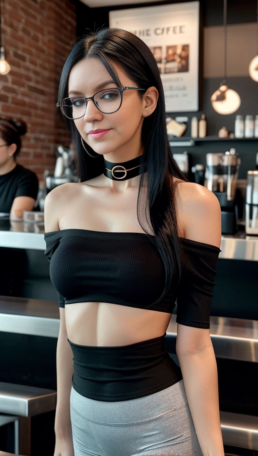 lithe,off shoulder shirt, tight full length leggings, glasses, choker, natural small breasts,five fingers per hand,long black hair,blue eyes,beautiful faces,beautiful lips,curved eyebrows, cute smile ,curved eyelids,textured skin,professional,satisfaction,unreal engine,bokeh,sharp focus,coffee shop
Full body shot