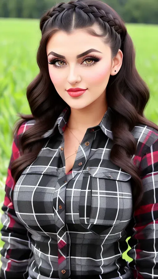 Gorgeous young Albanian woman, photo cute attractive young face, big wide doe eyes, light colored eyes, big bimbo lips, huge gigantic boobs, (gigantic tits), raven-black hair, hair braid, sexy, slim waist, thin, farm outfit, red flannel plaid shirt, photorealistic, best quality, ultra high resolution