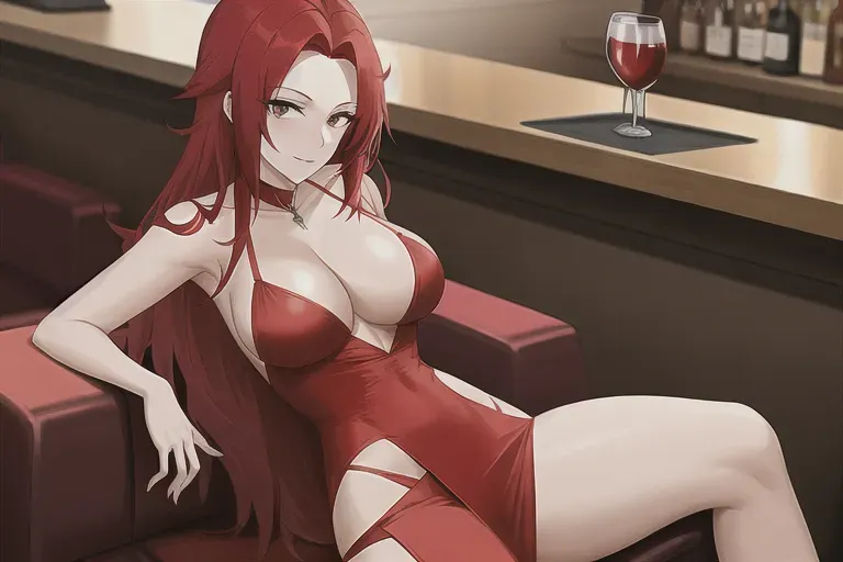 a lady with red hair is sitting near the bar, fit, trim, red and black, spread legs, plunging neckline, naked from the waist down