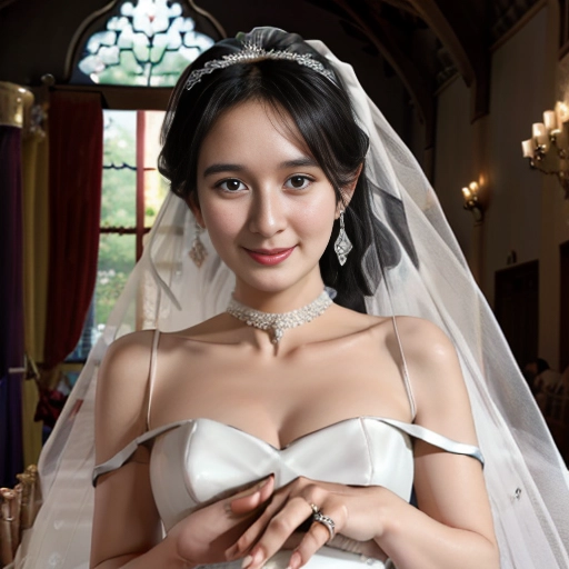 High Quality, Masterpiece, IncrsProp, <lora:proposal_pov:1>, wedding ring, Meina, headgear, bare shoulders, black choker, white dress, tears, tearing up, happy, happy tears,