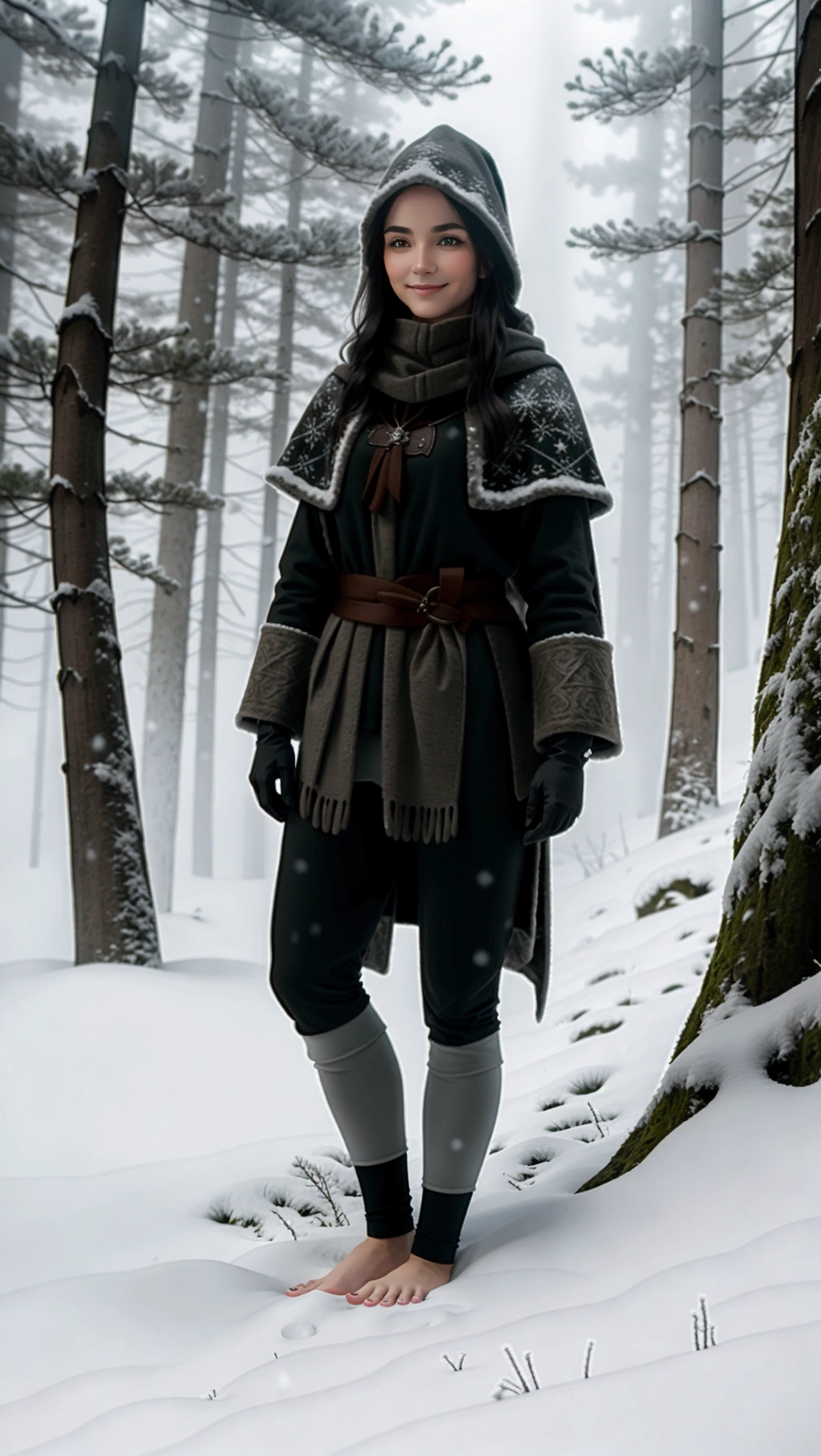 full-body image of a fit tan thin beautiful barefoot German snowy forest, (beautiful petite feminine feet: 1.2), (barefoot: 1.3), (wearing warm black medieval adventurer attire: 1.2), (long dark hair: 1.2), (German woman: 1.3), (cursed foggy dark snowy forest: 1.4), (black toenails: 1.2), (gloves: 1.3), (tights: 1.2), (magic glowing markings on feet: 1.3), (smug smirk: 1.2), (adventurer pants: 1.2),