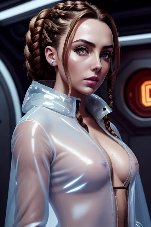 a oil painting of,jodie comer,wearing transparent raincoat,in the space station,amazing breasts,five slender fingers,braids hair,beautiful face,beautiful lips,detailed large eyes,curved eyebrows,satisfaction,tattoo,8k,cgsociety,bokeh,unreal engine,surreal
