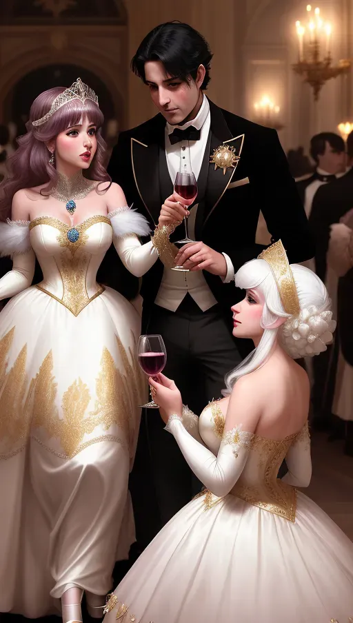 amidst the revelry of a grand 1800s masquerade ball, a clumsy servant trips spilling wine on beautiful auburn haired Queen Anna of Arendelle in a satin, pearl and gold masked, pristine white heirloom ball gown. An opportunistic Marquies De Sade looking on. photorealistic. High resolution