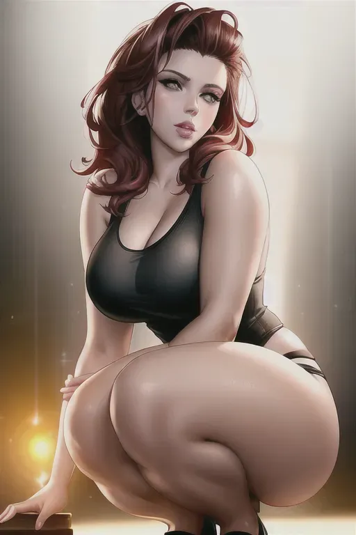a concept art of,scarlett johansson,wearing tank top,squatting,natural breasts,five fingers per hand,fishtail hair,charming face,beautiful lips,brown eyes,curved eyebrows,curved eyelid,smooth skin,wearing golden ring,bokeh,ultra realistic,cgsociety,cinematic lighting,surreal