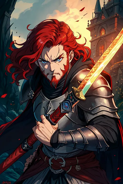 High fantasy, Berserk, a strong, warrior human, Guts, wavy red hair, pale skin, angry eyebrows, handsome blue eyes, small nose, strong cheeks, full beard, strong chin, animal skin coat, black leather armor, huge two-handed greatsword, going into battle, battle field, war in the background, castle and dragon in the far background, high definition, 4k quality, excellent lighting, great shading, pristine detail, very clear picture, vibrant colors, accurate at lower promp guidence, ultra realistic, five fingers per hand.