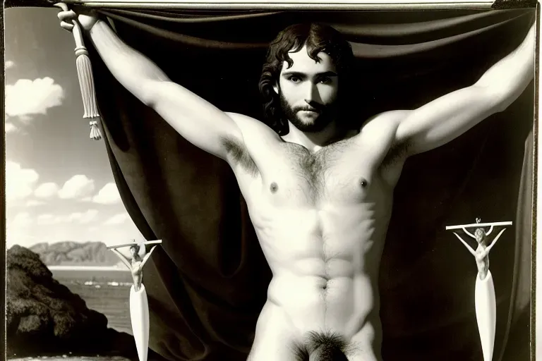 A black and white photograph of nude saint Sebastian with a large hairy uncircumcised penis