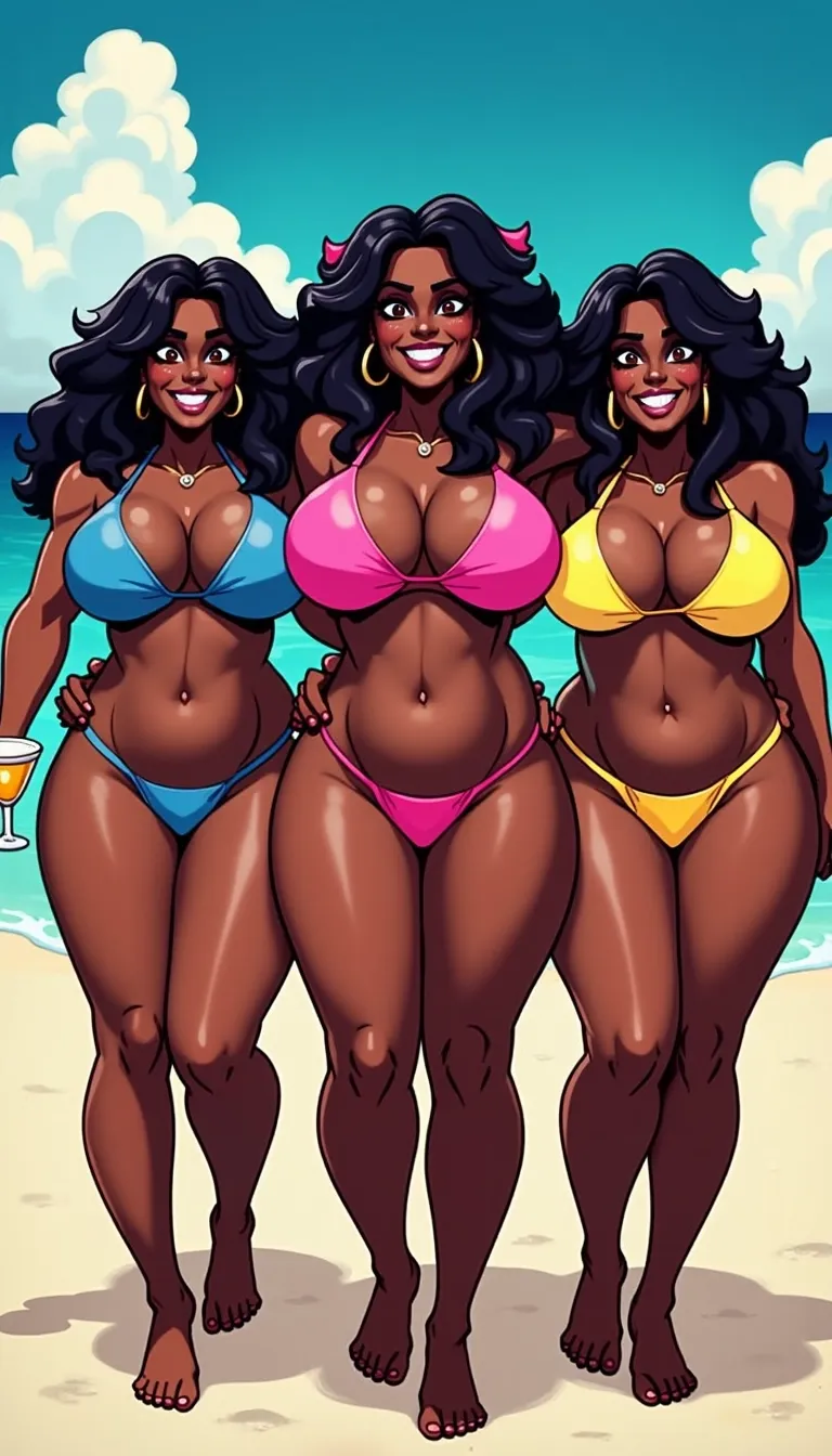 Close image of 3 beautiful tanned black American women, drunk and holding cocktails, smiling curvy athletic women with curvy round bubble butt asses, wearing low rise micro thong Spandex bikinis in vibrant neon colours, standing next to each other on a Florida beach, long Volumized permed hair