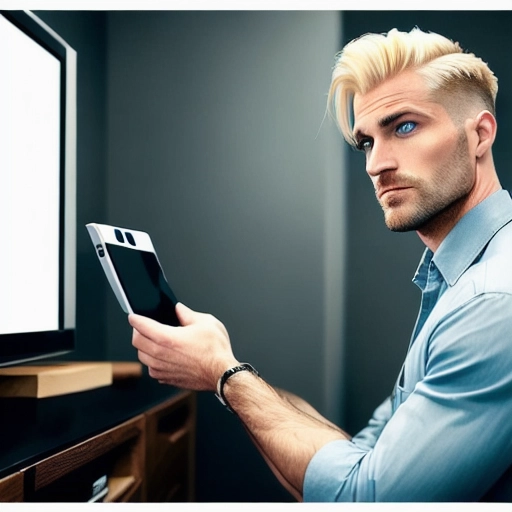 an image of a handsome thirty something male with blond hair and blue eyes having a video call with someone on his big screen TV in a chic downtown apartment. The person on the TV is currently in jail and holding a phone up to his ear while he looks into a tiny screen on the wall. The handsome inmate has dark hair and dark eyes. He is 30 years old with short almost buzzed haircut. He is dressed in prison clothing.