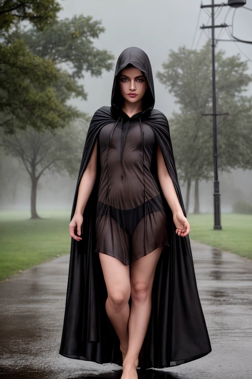 <lora:dpmg_add_detail:1>, dark hair, dark eyes, darker intentions, pixie cute, full lips, taut body, casual open stance, young skin, old eyes, sheer hooded dress, windswept cape spread around her, middle of a thunderstorm, full body view, facing viewer