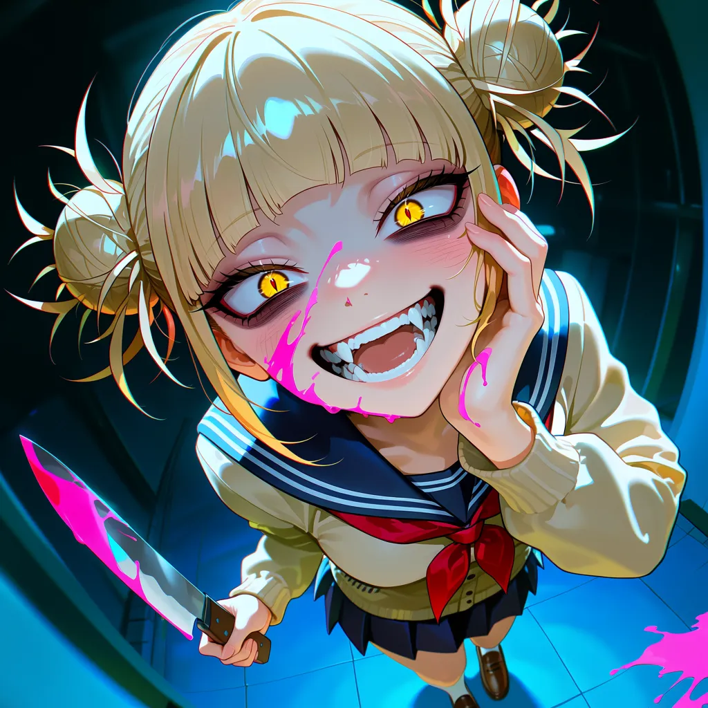 masterpiece, best quality, score_7, absurdres, @ntrmixstyle, 1girl, toga himiko, yellow eyes, solo, hair bun, blonde hair, double bun, crazy smile, holding knife, knife, school uniform, open mouth, smile, blood on face, fangs, sailor collar, serafuku, looking at viewer, skirt, hand on own cheek, neckerchief, blood, teeth, messy hair, long sleeves, red neckerchief, pleated skirt, blue sailor collar, cardigan, bags under eyes, blue skirt, crazy eyes, yellow cardigan, from above, brown footwear, fisheye, shoes, slit pupils, loafers, short hair, yandere, blunt bangs, pink blood, weapon, :d, blood on weapon, breasts