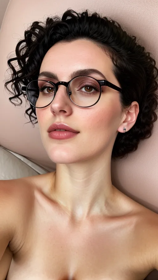 18 years old bakery shop lady, lying flat in back stock, short black curly hair in a bun, full lips, black metal frame round gasses on peak of nose, beautiful dark shining eyes, defined cheeks, defined jaw, small, thin chest, shy smile, nice teeth, high angle camera view, <lora:dpmg_imminent_fuck:1.4>, naked, from low angle, close up , cum in face