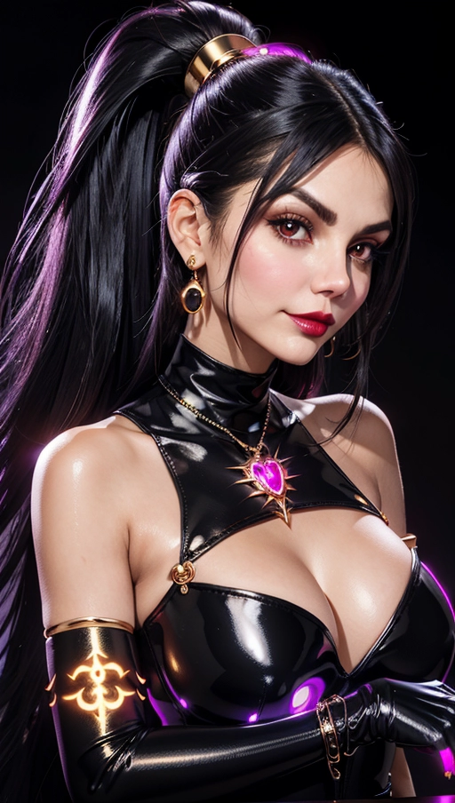 best quality, (((ultra high res))), (((detailed face and eyes))), (perfect face), big shining heart choker, earrings, jewelry, (((big glowing succubus mark))), ((((big glowing succubus bodymark)))), (((conjuring))), (witch), ((long voluminous hair)), (((black gloves))), ((black hair)), straight hair, (((golden bracelet))), ((single ponytail)), (((huge hair cuff))), ((skintight dress)), ((face closeup)), purple, (lipstick), ((((neckholder top)))), (((skintight))), ((Victoria Justice))