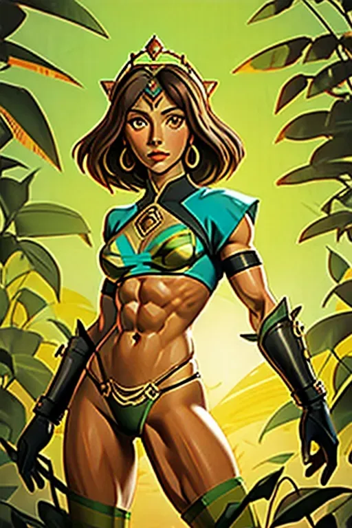 High-definition photograph of beautiful Elisabeth Sladen from Genesis Of The Daleks as a jungle queen, bare-chested, animal skin thong, perfect body, muscular body, 6-pack abs, bare and muscular legs, trim figure, slim waist, muscle definition, jungle background,