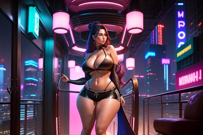 high resolution, ,photoreal, full body portrait, In the foreground a female turning around revealing top and shorts the fabric of her outfit clings to her accentuating her generous figure, striking a twisting confident pose, Wide eyes, beautiful Korean face , long flowing hair, flirty, alluring, curvy, Thin waist, huge chest, large ass. in the background a large window overlooking a futuristic bustling neon city at dusk