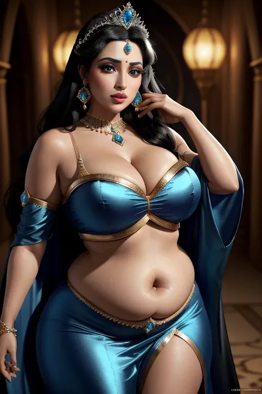 princess jasmin from aladdin, inflated, black hair, tiara, tiny waist, bbw figure, big belly, thick, cleavage, black mascara, pleasured espression, high quality, high resolution, ultra realistic, blue outfit, both hands on face