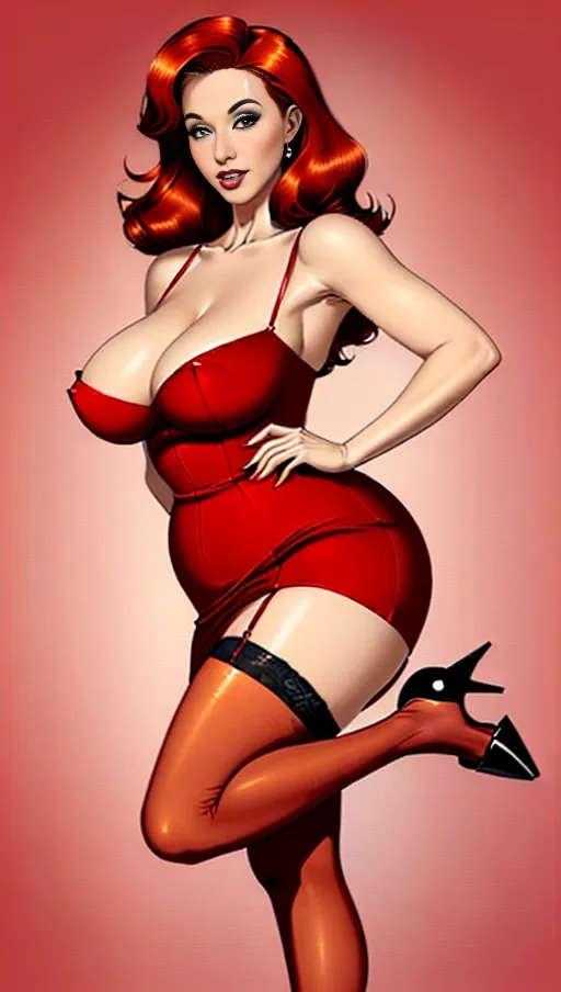 high heels, stockings, hyper realistic, milf,sexy pinup pose, huge thighs,stockings, hyper realistic, milf,ginger hair,skinny waist,long red dress,pin up,cartoon