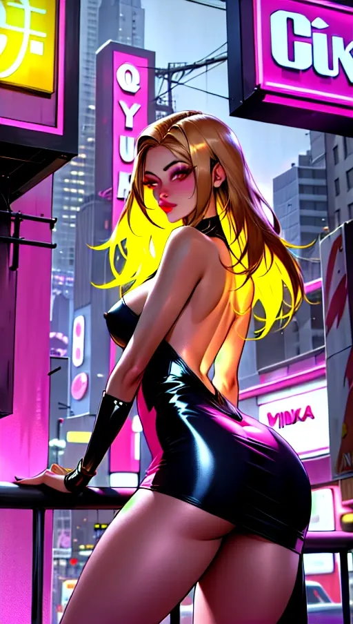 NSFW pos, 1girl, beautiful female, adult, 30, Korean, Square Jaw, Square Chin, Bleached Blonde Hair, Brunette Roots, Detailed Eyes, Detailed Pupils, Lipstick, Mascara, Round Ass, Toned Legs, Wearing a tight pink vinyl dress, standing outside a strip club, Neon Lights, Facing Away From Viewer, Nighttime, circa 1987, New York