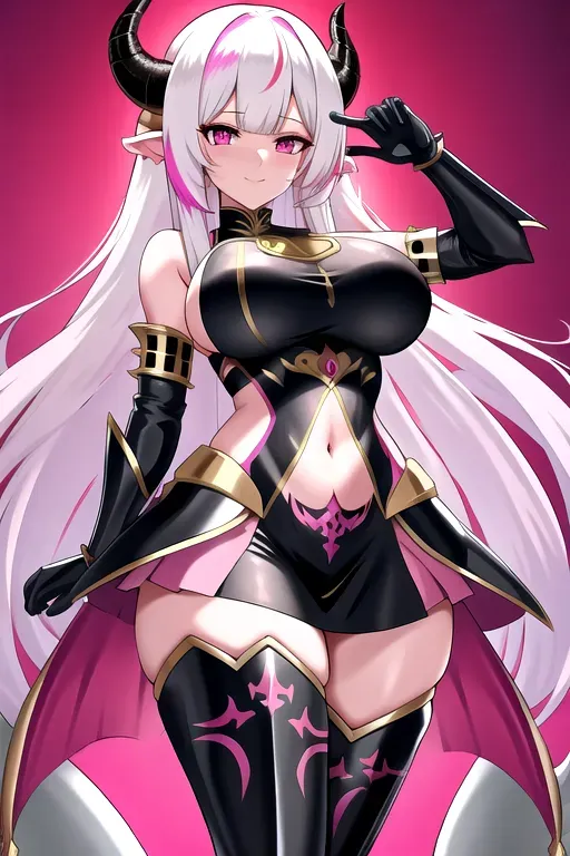 Best quality, dragon girl, big horns, big breasts, multicolored long hair, pink eyes, black armor