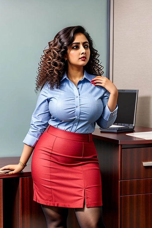 detailed and realistic full photo of a sexy thick indian standing in office,
she has perfect busty round breasts and curly hair and thick thighs,
she is wearing a short skirt,
she is wearing a short tight shirt